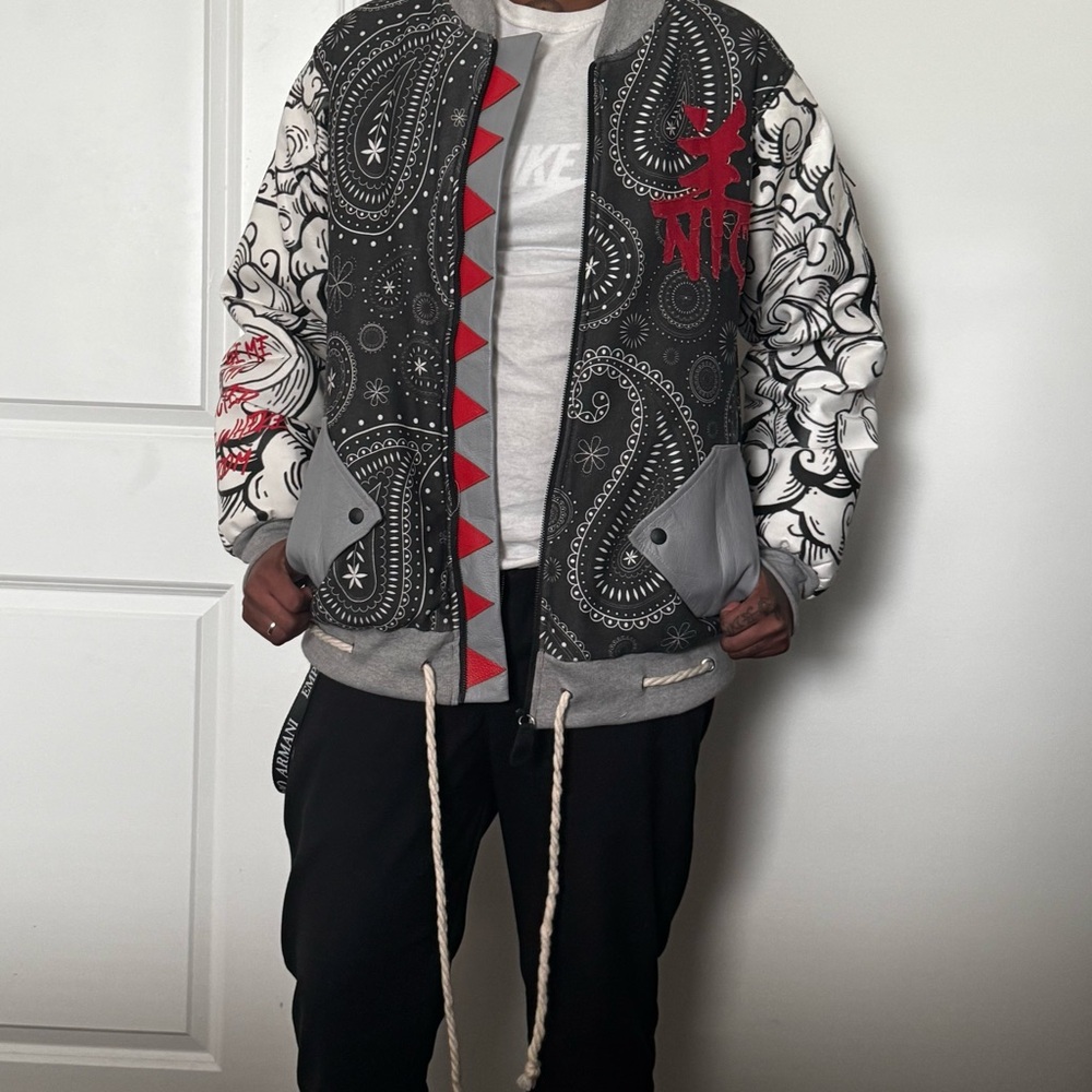 Genuine Leather Graphic Patchwork Bomber Jacket w… - image 4